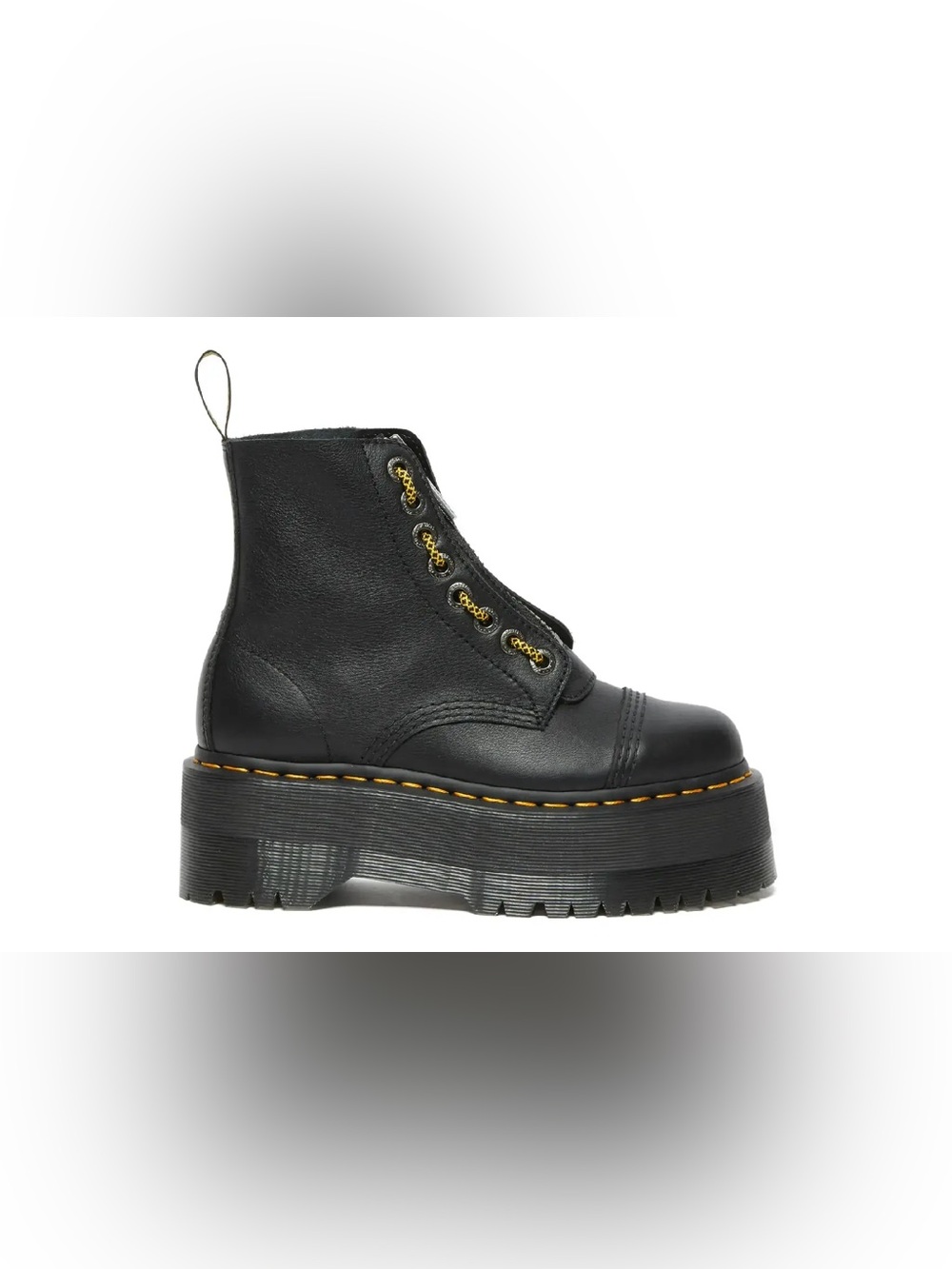 Dr. Martens Sinclair Black Leather Platform Ankle Boots with Yellow Stitching - Picture 2 of 10